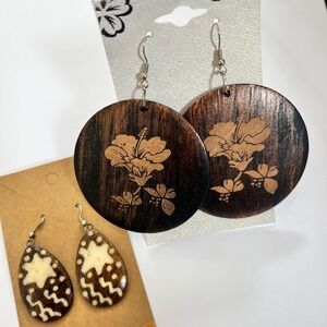 Wood Earrings Set –‎ Floral & Coconut Shell Carved Teardrop Boho Lot of 2